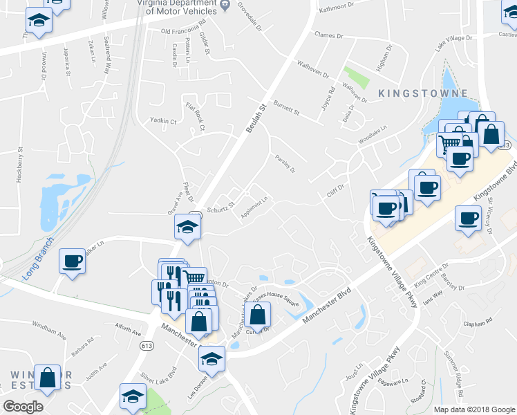 map of restaurants, bars, coffee shops, grocery stores, and more near 6723 Applemint Lane in Alexandria