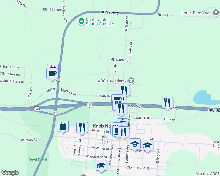 map of restaurants, bars, coffee shops, grocery stores, and more near 209 West 6th Street in Knob Noster