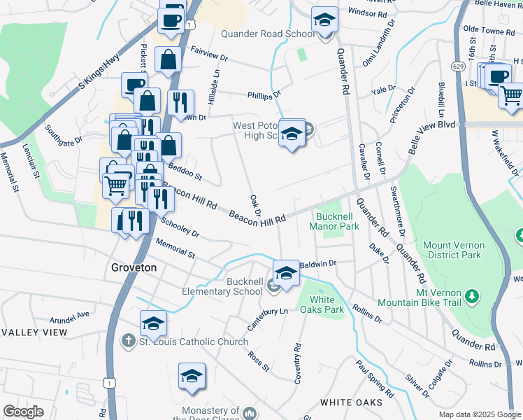 map of restaurants, bars, coffee shops, grocery stores, and more near 6717 Oak Drive in Alexandria