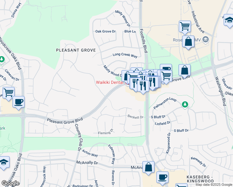 map of restaurants, bars, coffee shops, grocery stores, and more near 1295 Hemingway Drive in Roseville