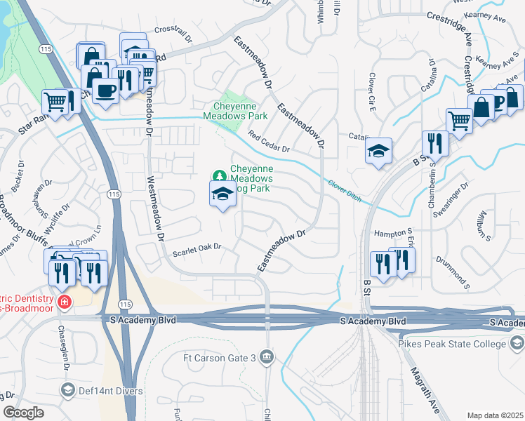 map of restaurants, bars, coffee shops, grocery stores, and more near 1342 South Canoe Creek Drive in Colorado Springs