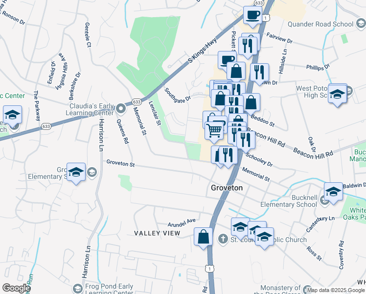 map of restaurants, bars, coffee shops, grocery stores, and more near 6726 Lenclair Street in Alexandria