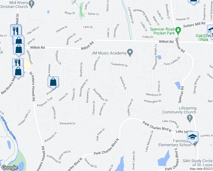 map of restaurants, bars, coffee shops, grocery stores, and more near 1615 Fairwood Forest Drive in St. Peters