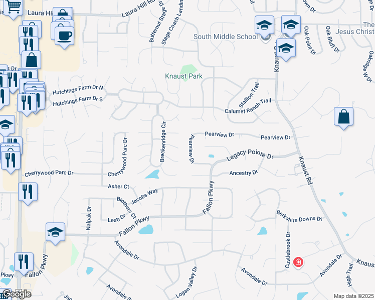 map of restaurants, bars, coffee shops, grocery stores, and more near 1079 Pearview Drive in St. Peters