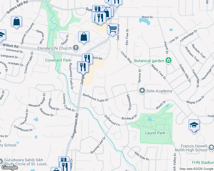 map of restaurants, bars, coffee shops, grocery stores, and more near 1016 Autumn Leaf Drive in St. Peters