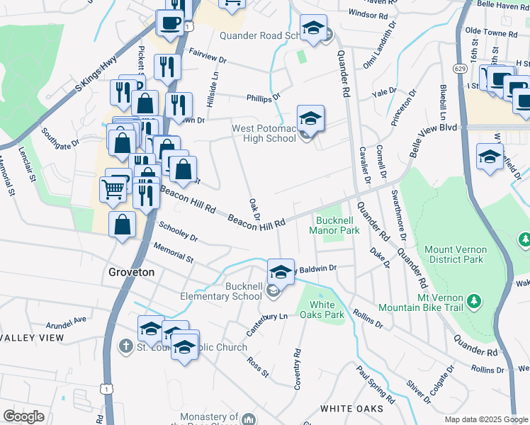 map of restaurants, bars, coffee shops, grocery stores, and more near 6717 Oak Drive in Alexandria