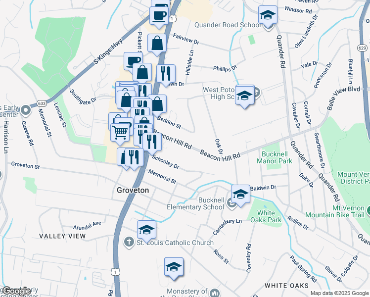 map of restaurants, bars, coffee shops, grocery stores, and more near 2613 Beacon Hill Road in Alexandria