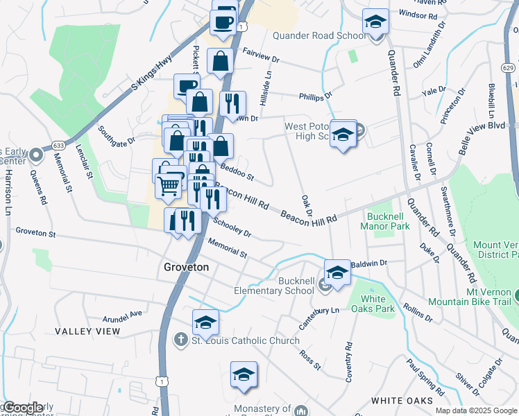map of restaurants, bars, coffee shops, grocery stores, and more near 2613 Beacon Hill Road in Alexandria