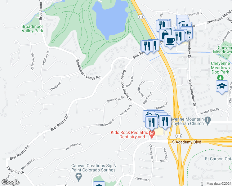 map of restaurants, bars, coffee shops, grocery stores, and more near 663 Becket Place in Colorado Springs