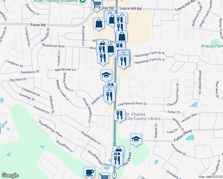 map of restaurants, bars, coffee shops, grocery stores, and more near 2675 State Highway K in O'Fallon