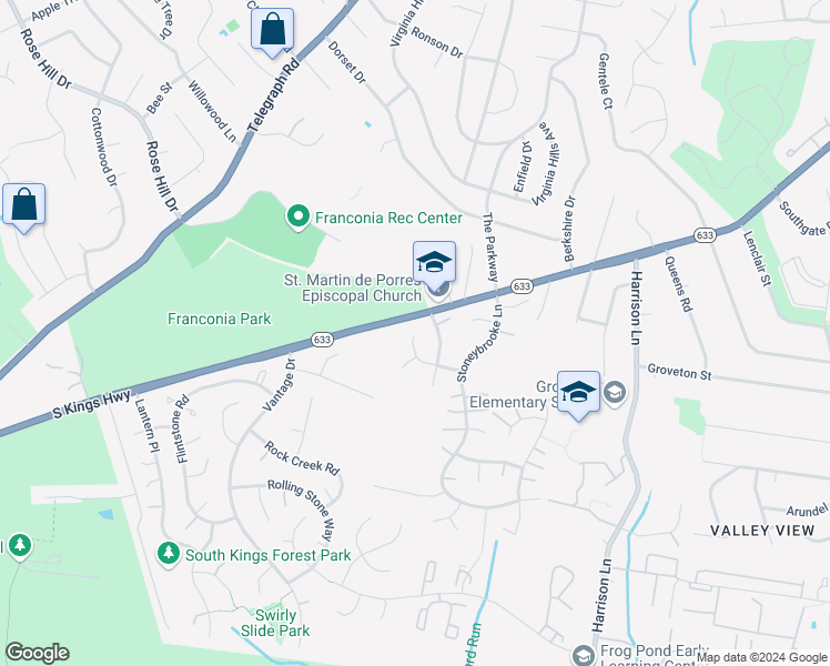 map of restaurants, bars, coffee shops, grocery stores, and more near 4020 Blue Slate Drive in Alexandria