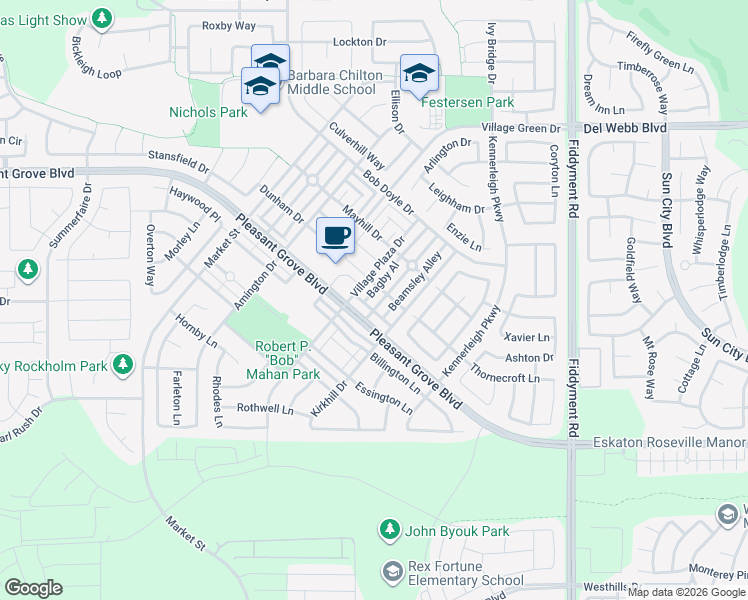 map of restaurants, bars, coffee shops, grocery stores, and more near 3017 Beamsley Alley in Roseville