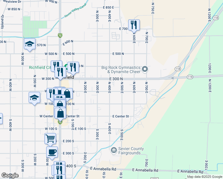 map of restaurants, bars, coffee shops, grocery stores, and more near 407 East 200 North in Richfield