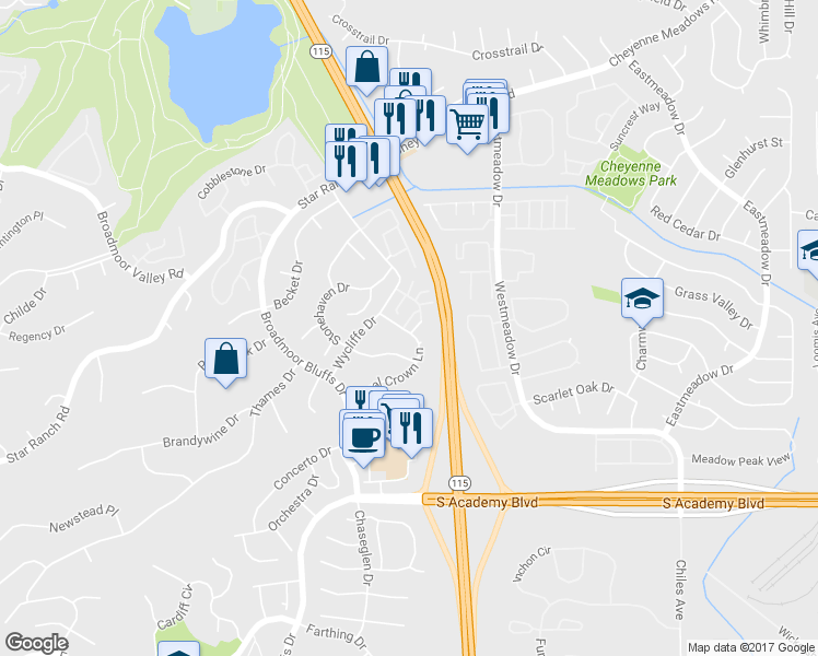 map of restaurants, bars, coffee shops, grocery stores, and more near 785 Royal Crown Lane in Colorado Springs
