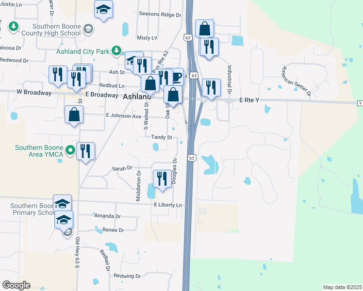 map of restaurants, bars, coffee shops, grocery stores, and more near 309 Douglas Drive in Ashland