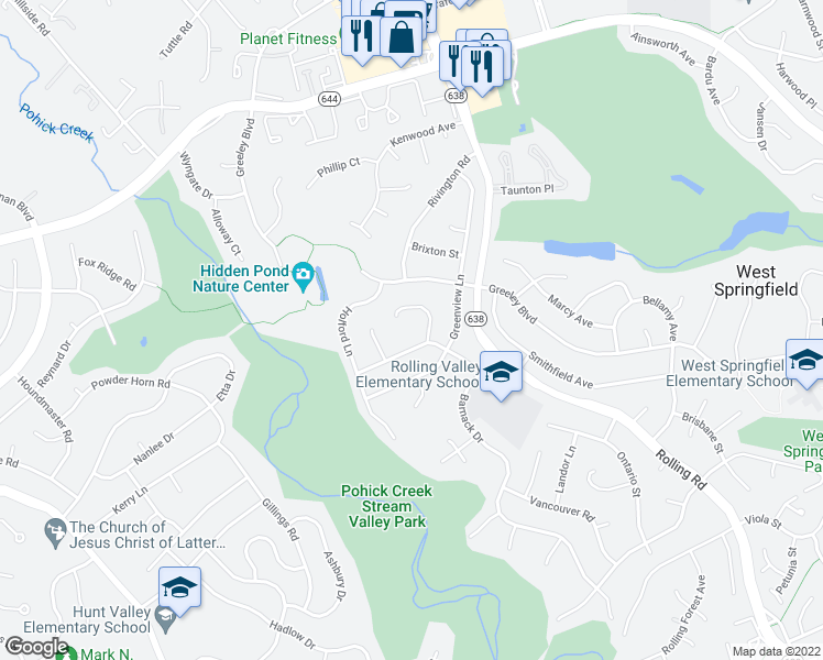 map of restaurants, bars, coffee shops, grocery stores, and more near 6622 Sandover Court in West Springfield