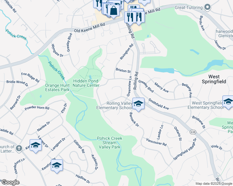 map of restaurants, bars, coffee shops, grocery stores, and more near 6622 Sandover Court in West Springfield