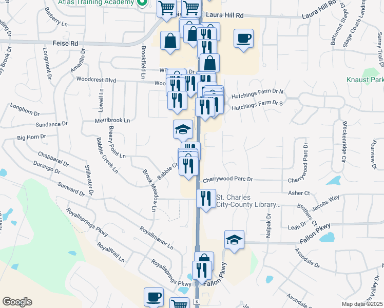 map of restaurants, bars, coffee shops, grocery stores, and more near 2675 State Highway K in O'Fallon