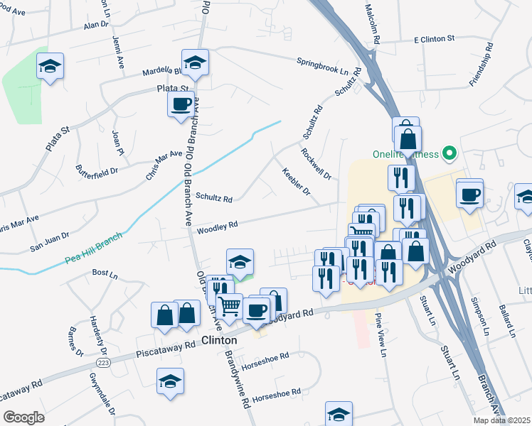 map of restaurants, bars, coffee shops, grocery stores, and more near 6410 Woodley Road in Clinton