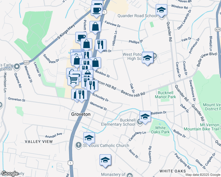 map of restaurants, bars, coffee shops, grocery stores, and more near 2617 Beacon Hill Road in Alexandria