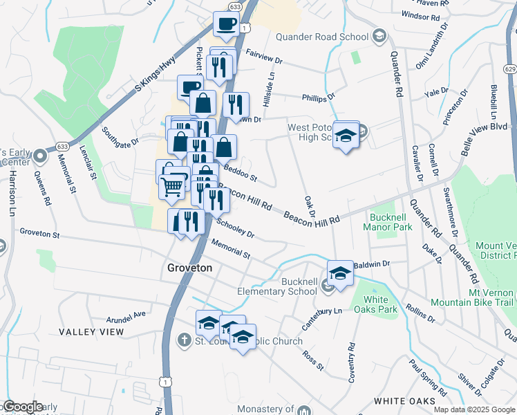 map of restaurants, bars, coffee shops, grocery stores, and more near 2617 Beacon Hill Road in Alexandria
