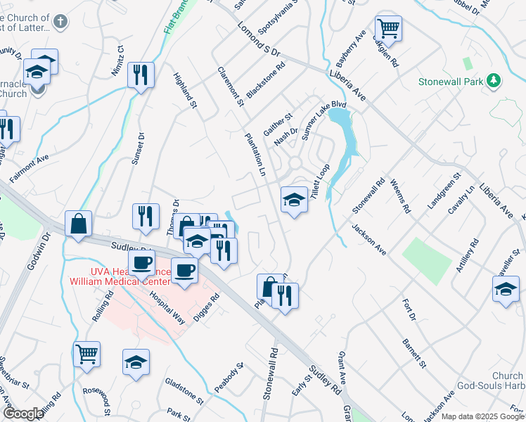 map of restaurants, bars, coffee shops, grocery stores, and more near 8443 Braxted Lane in Manassas