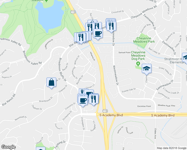 map of restaurants, bars, coffee shops, grocery stores, and more near 4125 Little Crown Lane in Colorado Springs