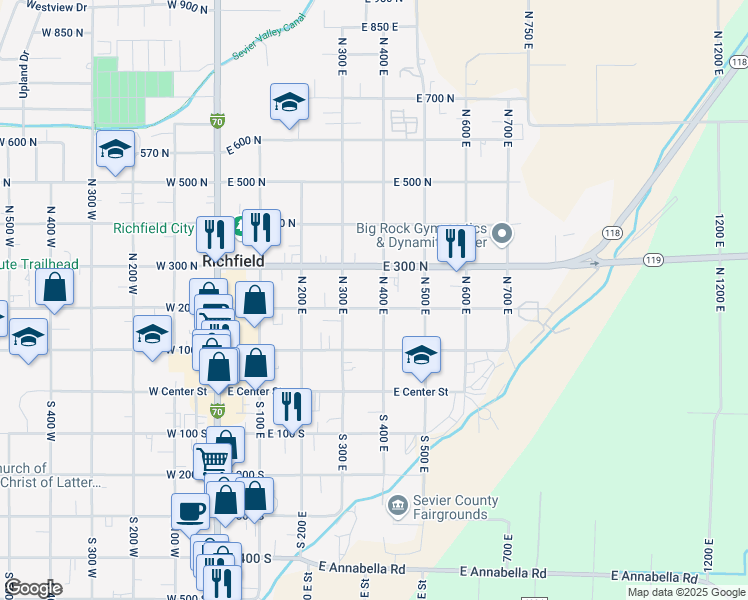 map of restaurants, bars, coffee shops, grocery stores, and more near 377 East 200 North in Richfield