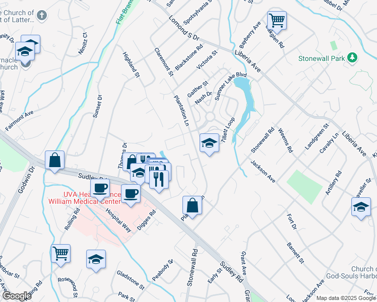 map of restaurants, bars, coffee shops, grocery stores, and more near 8447 Braxted Lane in Manassas