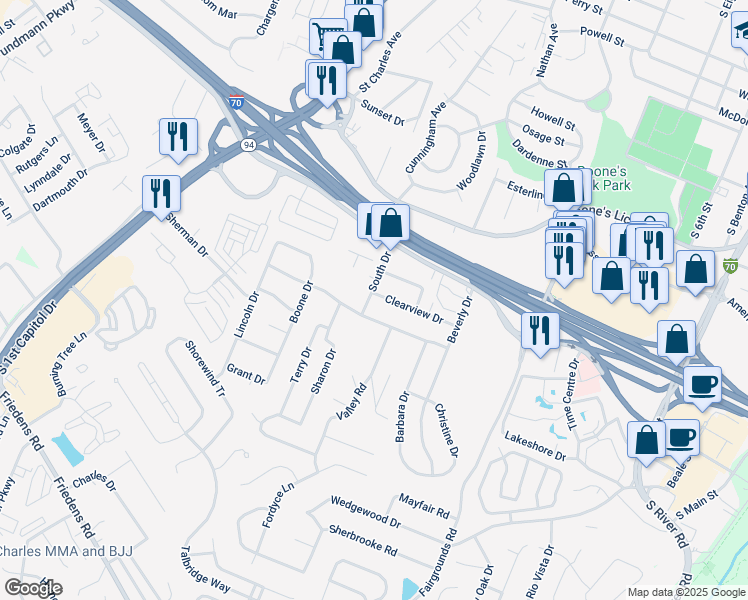 map of restaurants, bars, coffee shops, grocery stores, and more near 1300 South Drive in Saint Charles