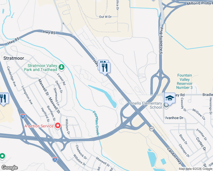 map of restaurants, bars, coffee shops, grocery stores, and more near 3375 Glenarm Drive in Colorado Springs