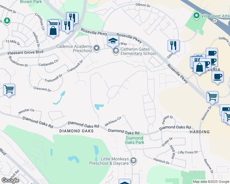map of restaurants, bars, coffee shops, grocery stores, and more near 308 Alwoodley Court in Roseville