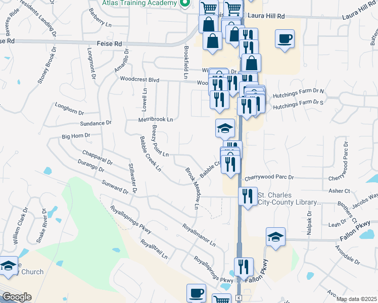 map of restaurants, bars, coffee shops, grocery stores, and more near 2644 Brook Meadow Lane in O'Fallon