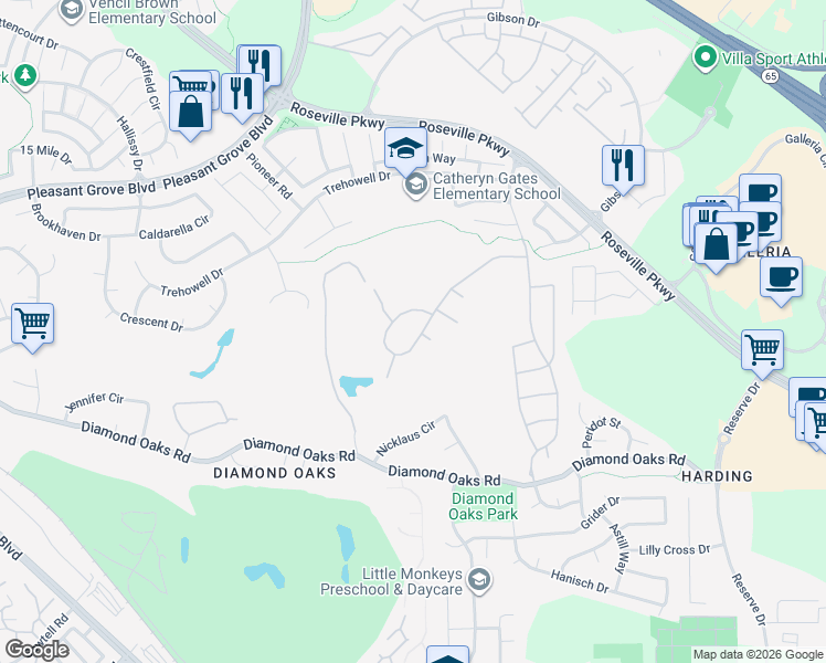 map of restaurants, bars, coffee shops, grocery stores, and more near 308 Alwoodley Court in Roseville