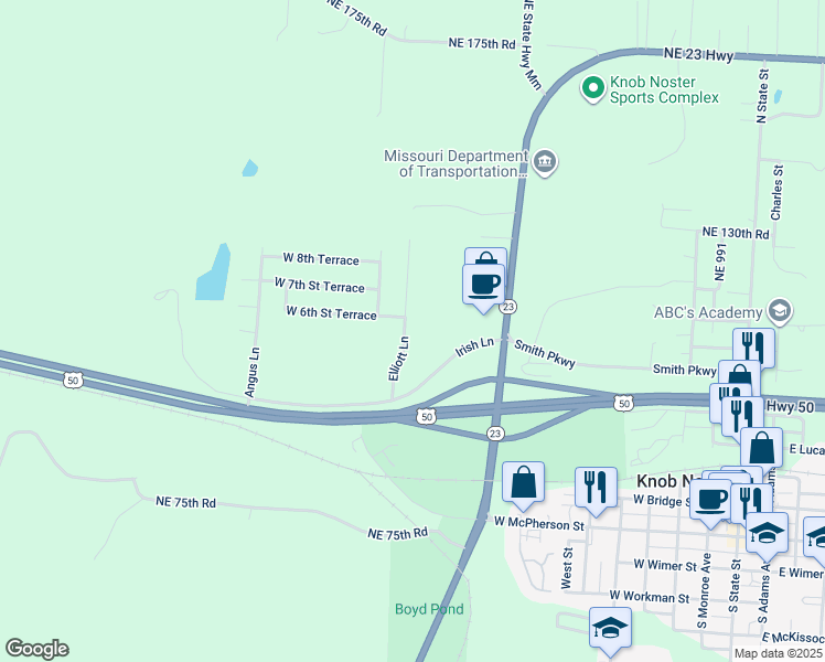 map of restaurants, bars, coffee shops, grocery stores, and more near 120 Northeast 951st Road in Knob Noster