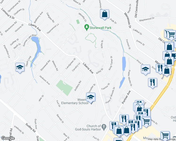 map of restaurants, bars, coffee shops, grocery stores, and more near 8618 Liberia Avenue in Manassas