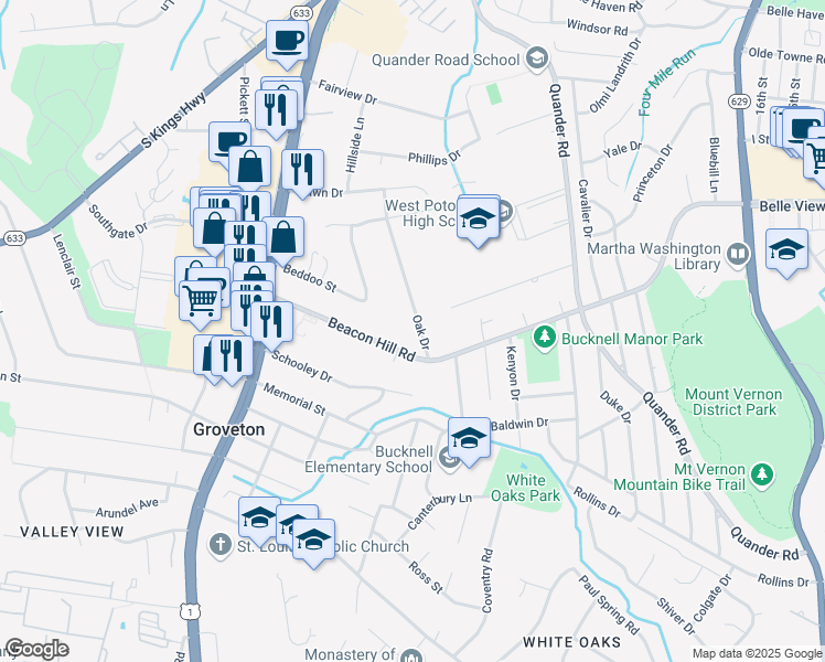 map of restaurants, bars, coffee shops, grocery stores, and more near 6712 Oak Drive in Alexandria