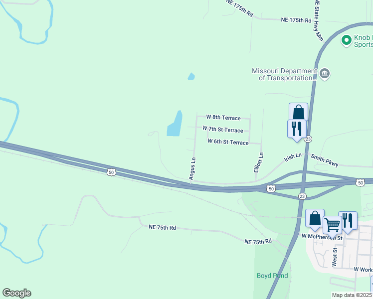 map of restaurants, bars, coffee shops, grocery stores, and more near 5th Street Court in Knob Noster