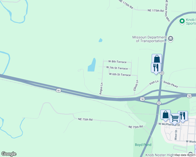 map of restaurants, bars, coffee shops, grocery stores, and more near 5th Street Court in Knob Noster