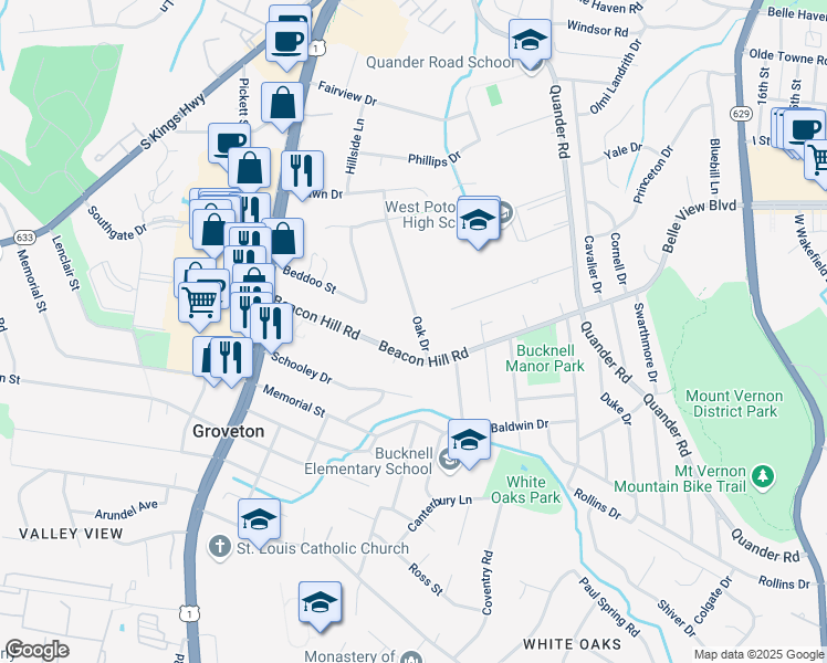 map of restaurants, bars, coffee shops, grocery stores, and more near 6712 Oak Drive in Alexandria