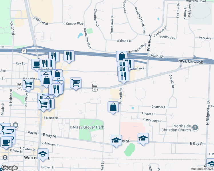 map of restaurants, bars, coffee shops, grocery stores, and more near 521 East Young Avenue in Warrensburg