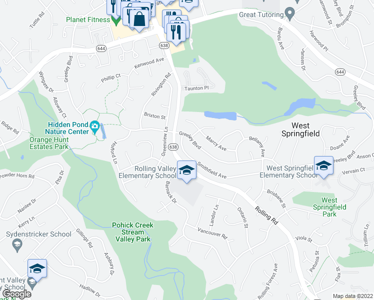 map of restaurants, bars, coffee shops, grocery stores, and more near 8228 Smithfield Avenue in West Springfield