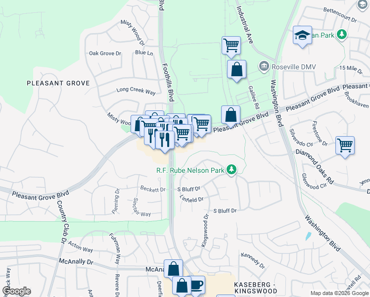 map of restaurants, bars, coffee shops, grocery stores, and more near 1253 Pleasant Grove Boulevard in Roseville