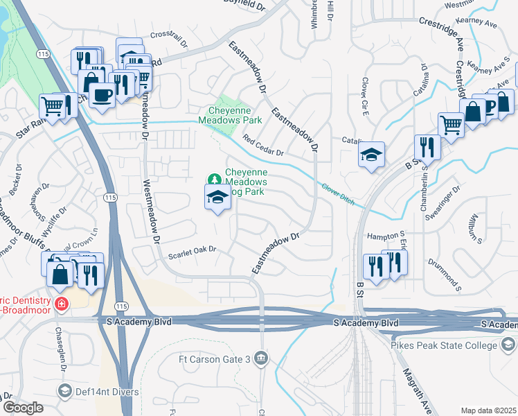 map of restaurants, bars, coffee shops, grocery stores, and more near 1353 Grass Valley Drive in Colorado Springs