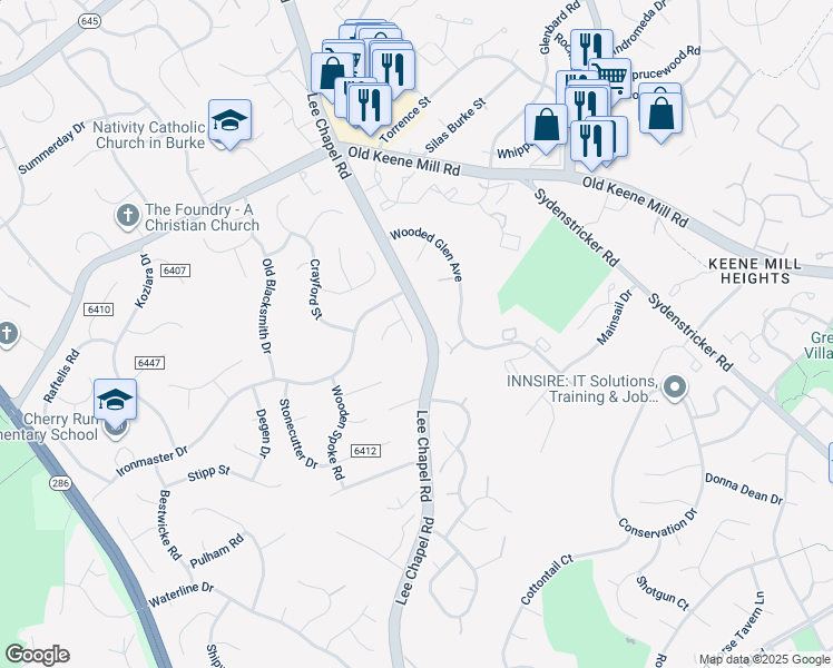 map of restaurants, bars, coffee shops, grocery stores, and more near 6611 Saddlehorn Court in Burke