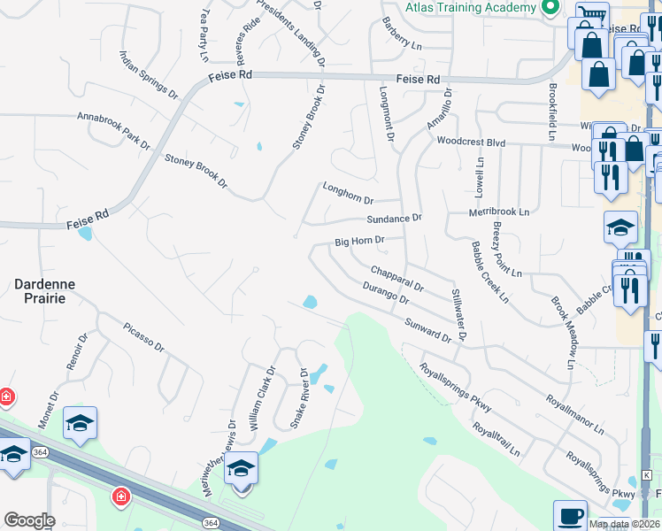 map of restaurants, bars, coffee shops, grocery stores, and more near 634 Durango Drive in O'Fallon