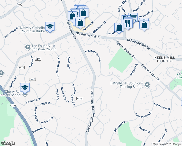 map of restaurants, bars, coffee shops, grocery stores, and more near 6611 Saddlehorn Court in Burke