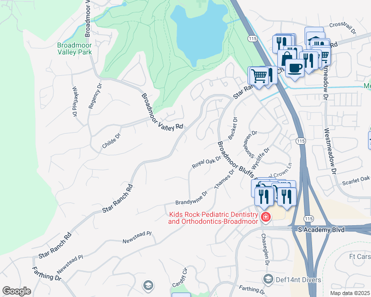 map of restaurants, bars, coffee shops, grocery stores, and more near 4295 Star Vista Court in Colorado Springs