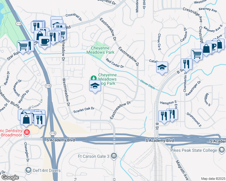 map of restaurants, bars, coffee shops, grocery stores, and more near 1353 Grass Valley Drive in Colorado Springs