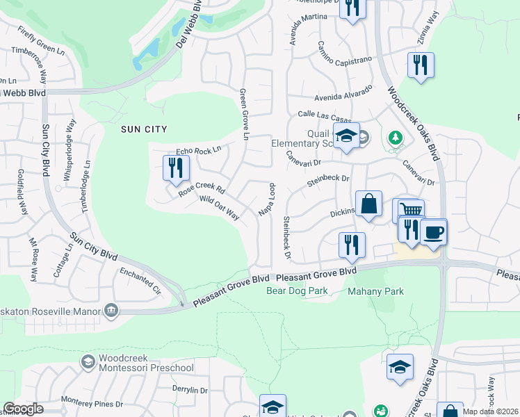 map of restaurants, bars, coffee shops, grocery stores, and more near 232 Trolleybell Court in Roseville